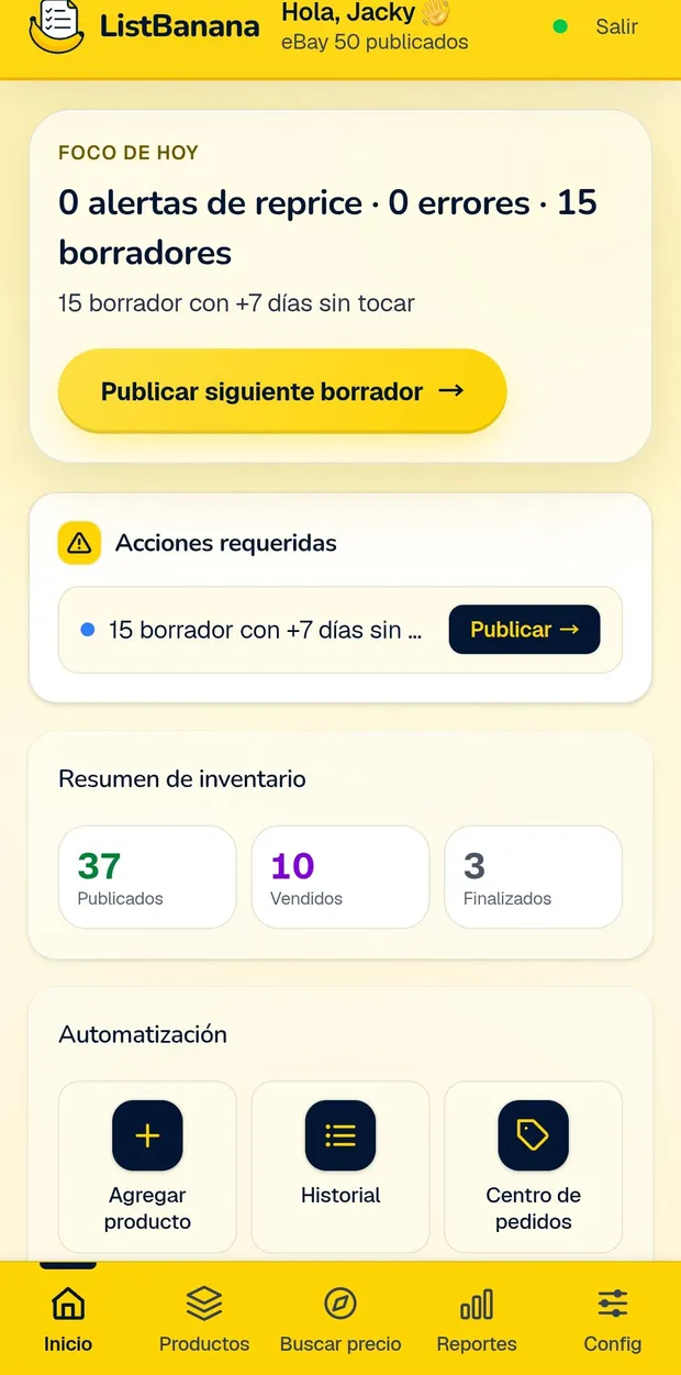 Pantalla real de la app: el panel de inicio con el botón Agregar producto, el resumen de inventario y la automatización