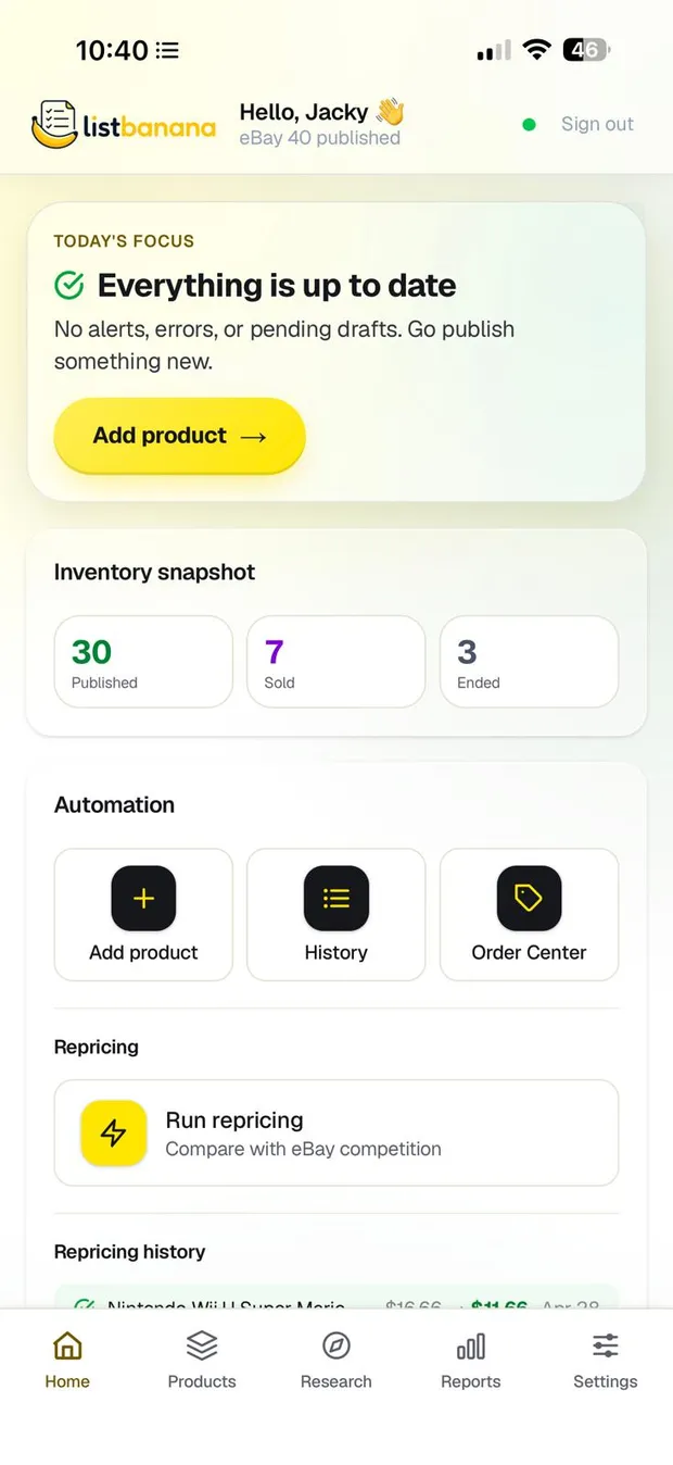 Real app screen: the home dashboard with the Add product button, the inventory snapshot and automation
