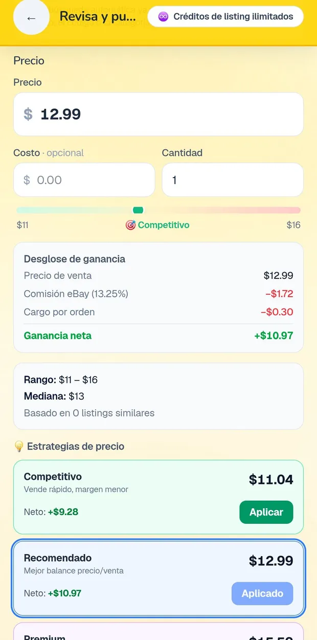 Pantalla real de la app: análisis de precios del mercado con las estrategias Competitivo, Recomendado y Premium