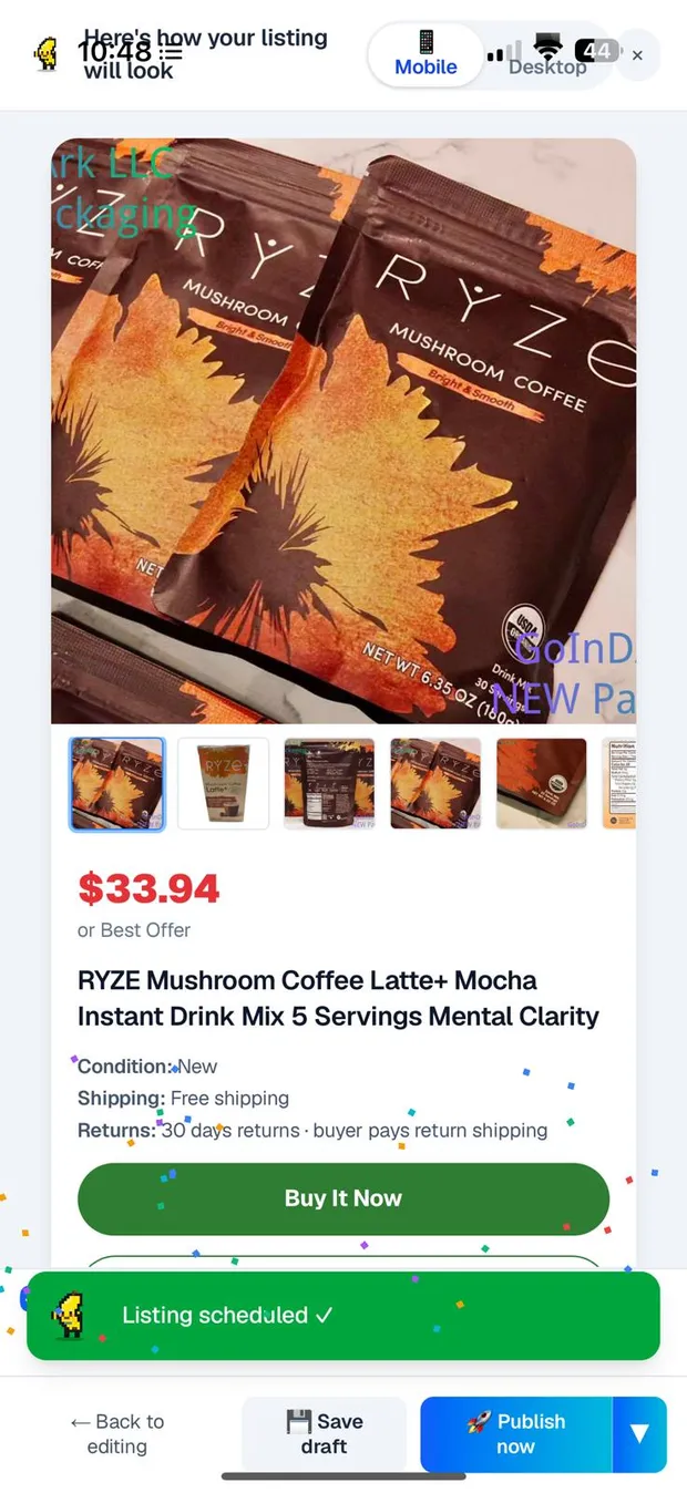 Real app screen: the listing preview with the confirmation that it was scheduled on eBay