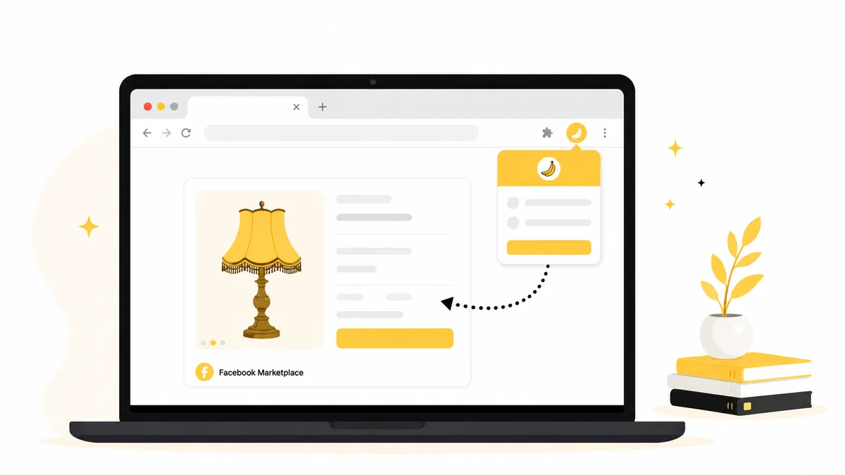 Illustration: a laptop running Google Chrome with the ListBanana extension popup filling out a Facebook Marketplace listing