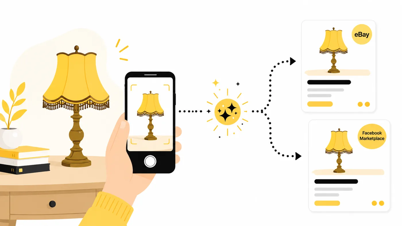 Illustration: you snap a product photo with your phone and AI turns it into listings ready for eBay and Facebook Marketplace