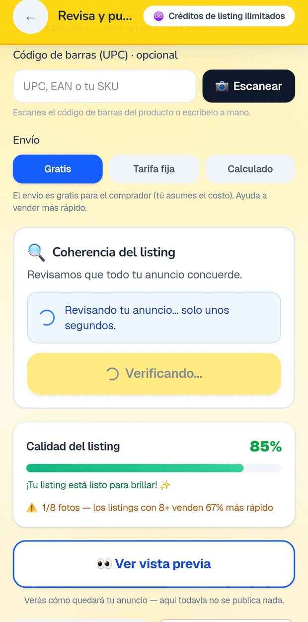 Pantalla real de la app: la verificación de coherencia revisando el anuncio y el medidor de calidad del listing