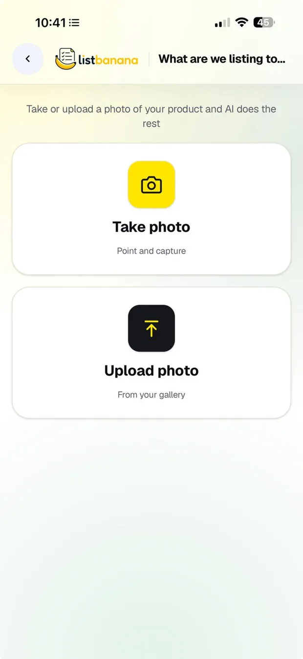 Real app screen: Take photo and Upload photo from your gallery options