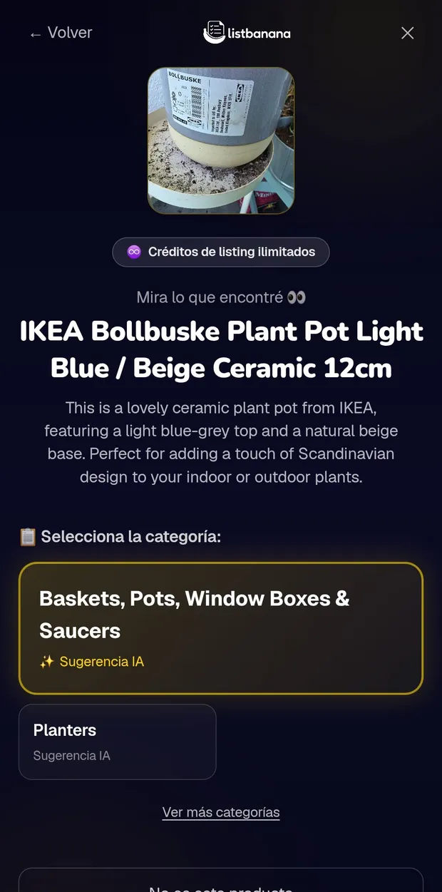 Pantalla real de la app: la IA muestra el producto encontrado y las categorías de eBay sugeridas