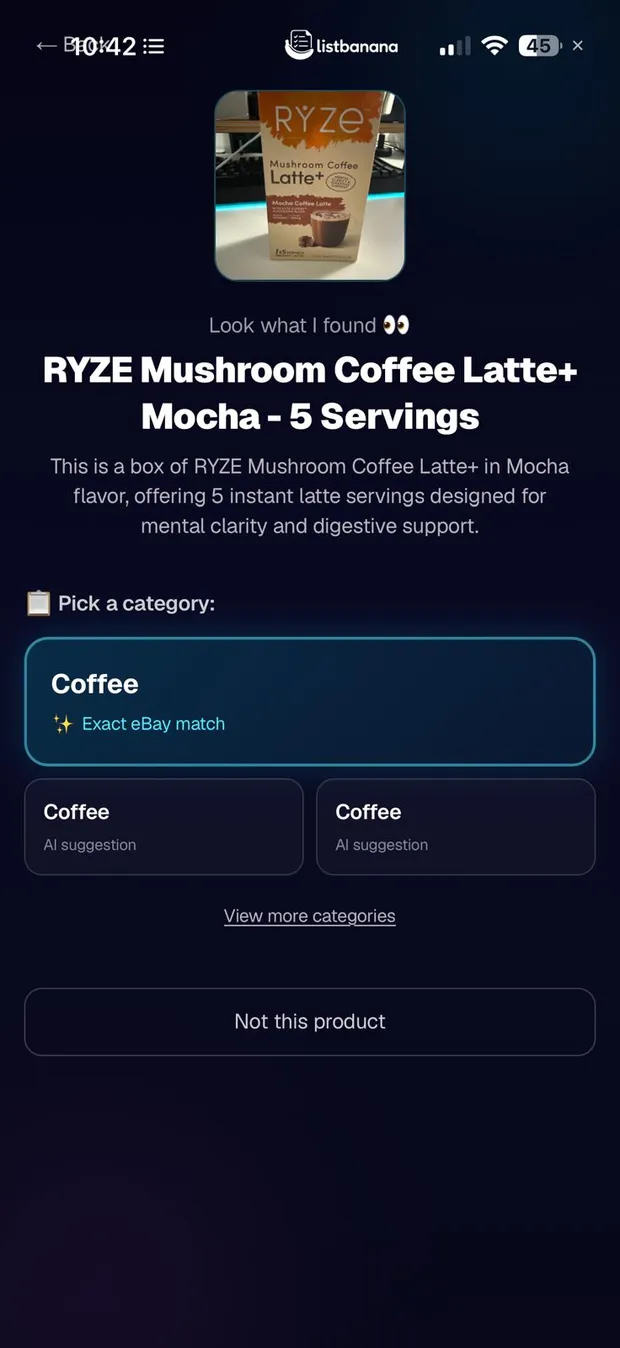 Real app screen: AI shows the product it found and the suggested eBay categories