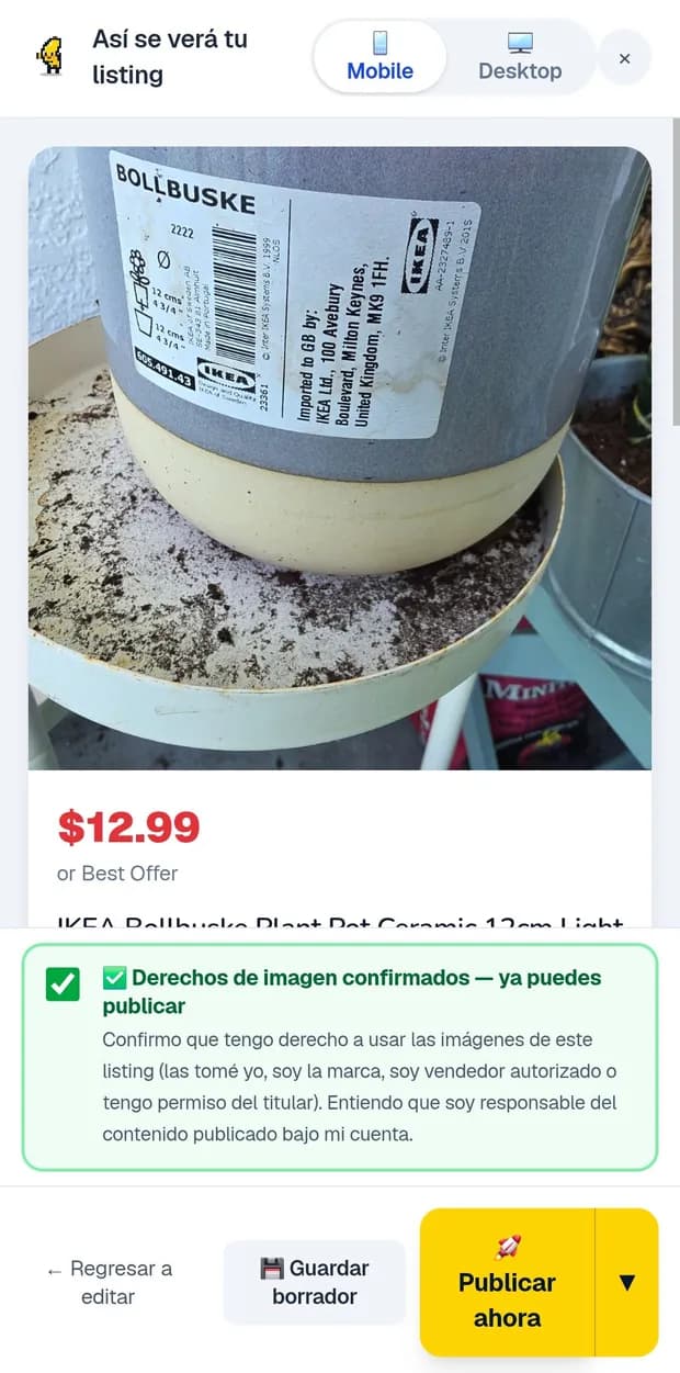 Pantalla real de la app: vista previa del anuncio con la casilla de derechos de imagen y los botones Guardar borrador y Publicar ahora