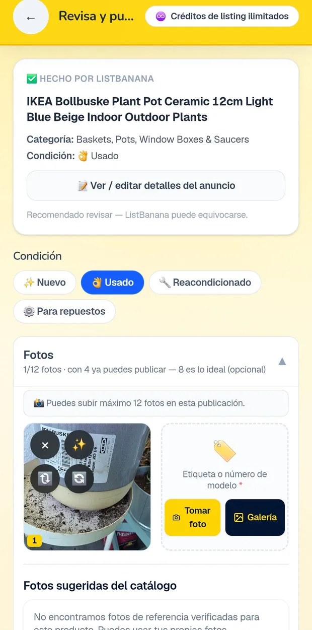 Pantalla real de la app: Revisa y publica con título, condición, categoría y fotos del anuncio