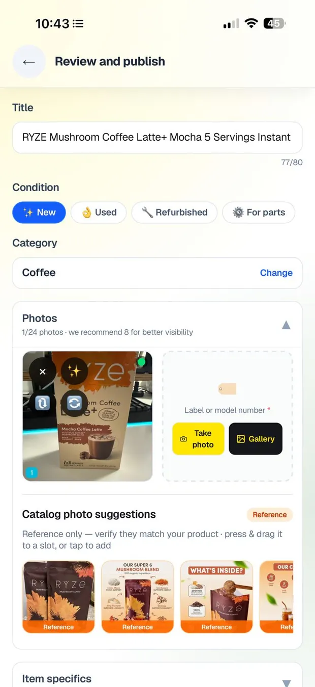 Real app screen: Review and publish with the listing title, condition, category and photos